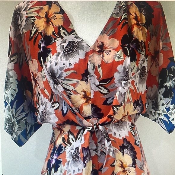 Johnny Was Jade Dress Size L Deepika Tie Front Orange Midi Floral Silky Dress - Picture 11 of 12